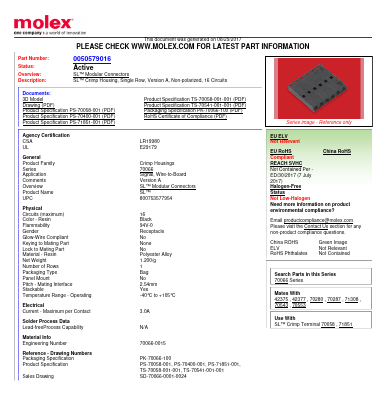 70066-0015 Datasheet PDF Molex Connectors