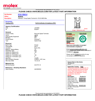 0191150014 Datasheet PDF Molex Connectors