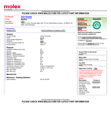 0431784002 Datasheet PDF Molex Connectors