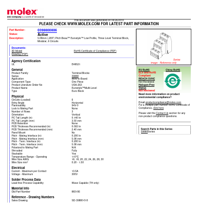 0398800806 Datasheet PDF Molex Connectors