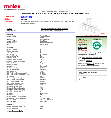 0387207406 Datasheet PDF Molex Connectors