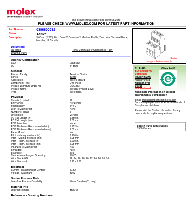 0398800612 Datasheet PDF Molex Connectors