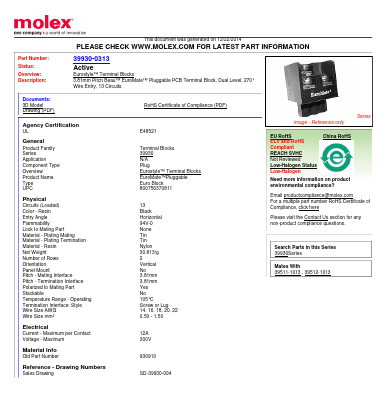 39930-0313 Datasheet PDF Molex Connectors