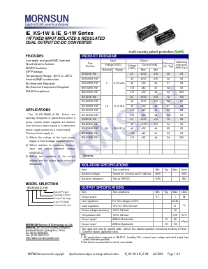 IE0505S-1W Datasheet PDF MORNSUN Science& Technology Ltd.