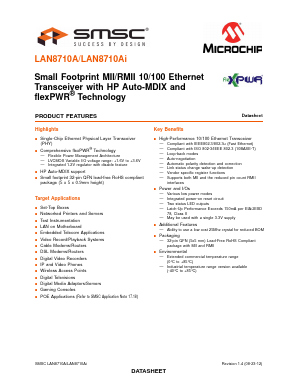 LAN8710AI Datasheet PDF Microchip Technology