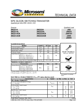 2N2221AL Datasheet PDF Microsemi Corporation
