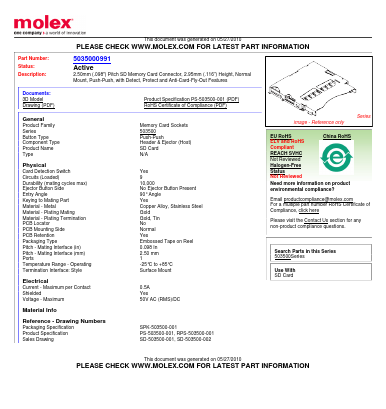 503500-0991 Datasheet PDF Molex Connectors