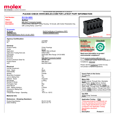 51110-1651 Datasheet PDF Molex Connectors