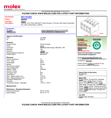 0511101651 Datasheet PDF Molex Connectors