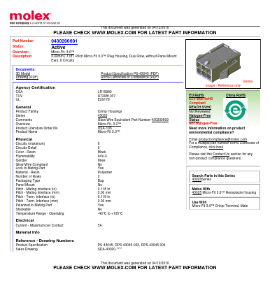 0430200601 Datasheet PDF Molex Connectors