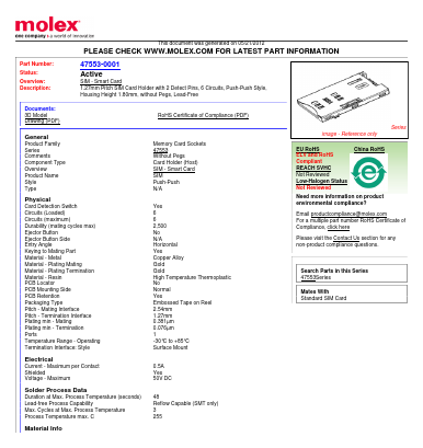 47553-0001 Datasheet PDF Molex Connectors