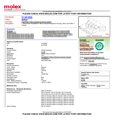 0511460500 Datasheet PDF Molex Connectors