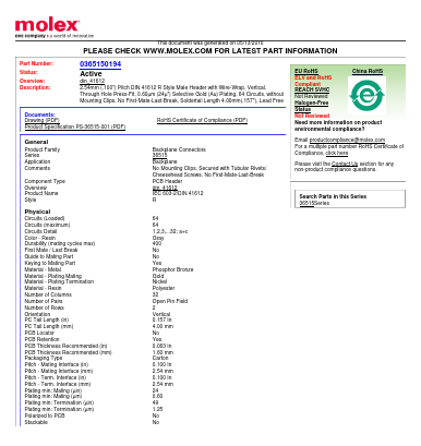0365150194 Datasheet PDF Molex Connectors