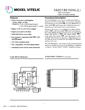 V62C1801024L-70V Datasheet PDF Mosel Vitelic Corporation 
