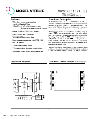 V62C2801024L-85V Datasheet PDF Mosel Vitelic Corporation 