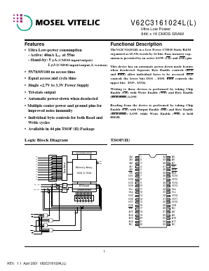 V62C3161024LL-100T Datasheet PDF Mosel Vitelic Corporation 