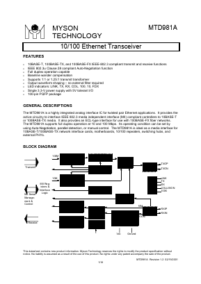 MTD981AG Datasheet PDF Myson Century Inc