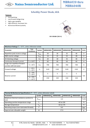 MBR6020 Datasheet PDF Naina Semiconductor ltd.