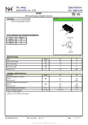 BC807 Datasheet PDF Dongguan City Niuhang Electronics Co.LTD