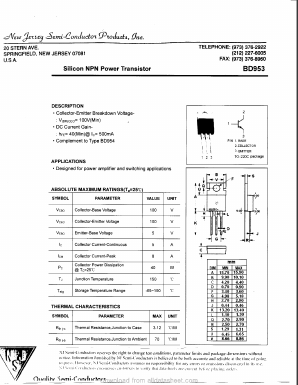 BD953 Datasheet PDF New Jersey Semiconductor
