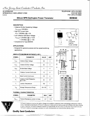 BDW40 Datasheet PDF New Jersey Semiconductor