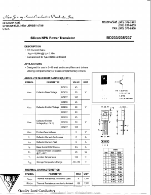 BD237 Datasheet PDF New Jersey Semiconductor