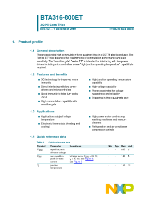 BTA316-800ET Datasheet PDF NXP Semiconductors.