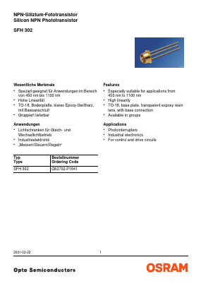 SFH302 Datasheet PDF OSRAM GmbH