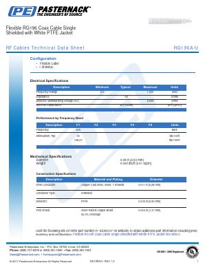 RG196A-U Datasheet PDF Pasternack Enterprises, Inc.