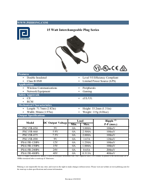 PSA15R-240P6 Datasheet PDF Phihong USA Inc.