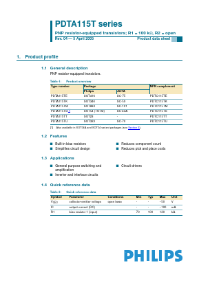 PDTA115T Datasheet PDF Philips Electronics