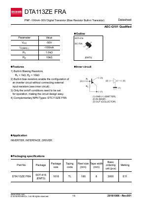 DTA113ZEFRA Datasheet PDF ROHM Semiconductor