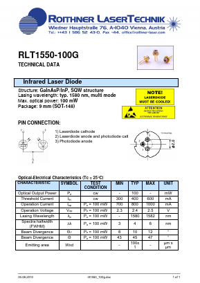 RLT1550-100G Datasheet PDF Roithner LaserTechnik GmbH