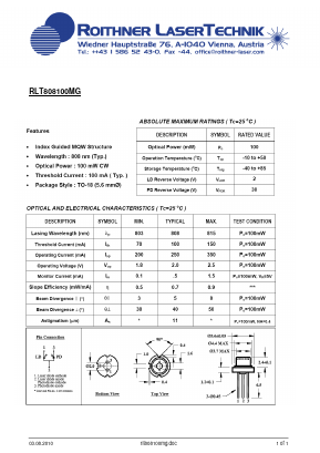 RLT808100MG Datasheet PDF Roithner LaserTechnik GmbH