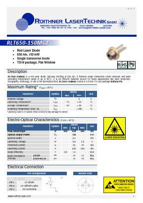 RLT650-150MGE Datasheet PDF Roithner LaserTechnik GmbH