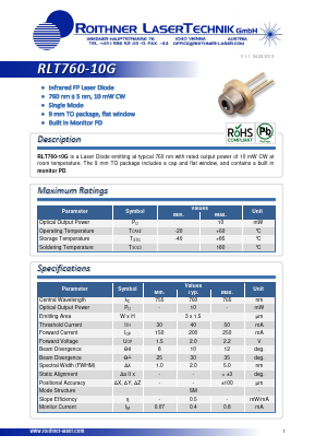 RLT760-10G Datasheet PDF Roithner LaserTechnik GmbH