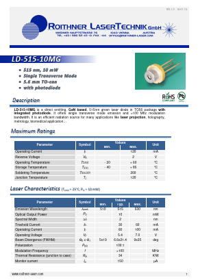 LD-515-10MG Datasheet PDF Roithner LaserTechnik GmbH