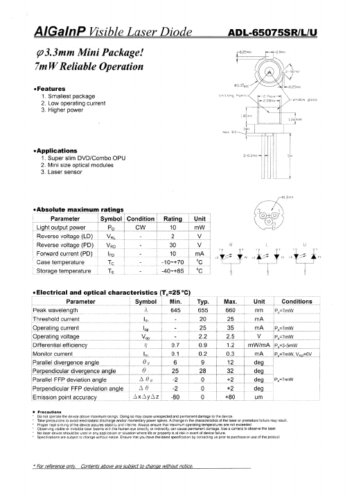 ADL-65075SR Datasheet PDF Roithner LaserTechnik GmbH