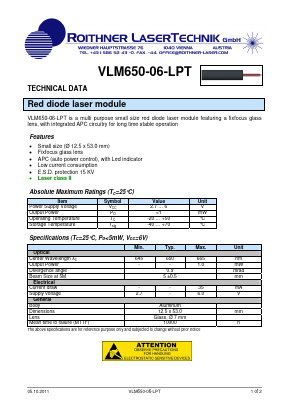 VLM650-06-LPT Datasheet PDF Roithner LaserTechnik GmbH