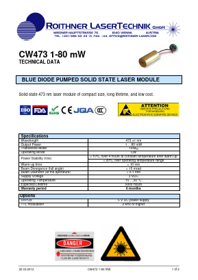 CW473-1-80MW Datasheet PDF Roithner LaserTechnik GmbH