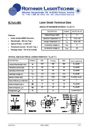 RLT925-5MG Datasheet PDF Roithner LaserTechnik GmbH