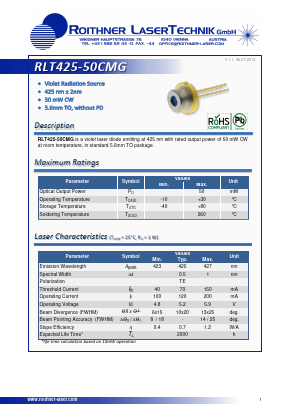 RLT425-50CMG Datasheet PDF Roithner LaserTechnik GmbH