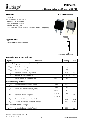 RU75N08L Datasheet PDF Ruichips Semiconductor Co., Ltd