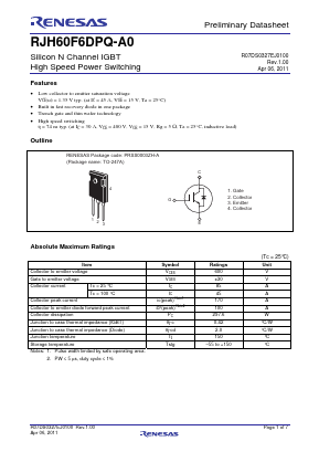 RJH60F6DPQ-A0-T0 Datasheet PDF Renesas Electronics