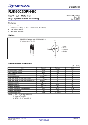 RJK6002DPH-E0T2 Datasheet PDF Renesas Electronics