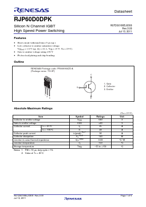 RJP60D0DPK Datasheet PDF Renesas Electronics