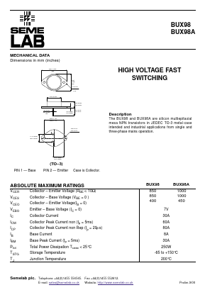 BUX98 Datasheet PDF Semelab - > TT Electronics plc 