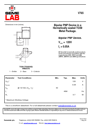 V765 Datasheet PDF Semelab - > TT Electronics plc 