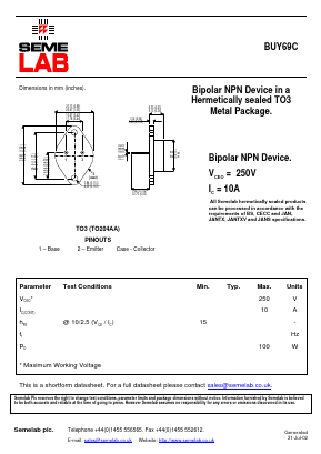 BUY69C Datasheet PDF Semelab - > TT Electronics plc 