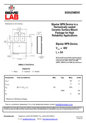 BSX62SMD05 Datasheet PDF Semelab - > TT Electronics plc 